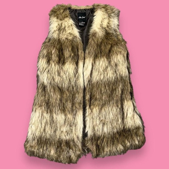 Me Jane Y2k Faux Fur Glam Striped Lined Cream and Brown Open Front Vest Size S - Picture 1 of 4